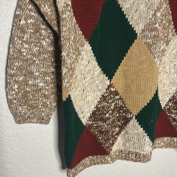 Vintage 90s Y2K Sweater Size 18W Shoulder Pads Argyle Brown Tan Fall Grandma - Picture 3 of 7